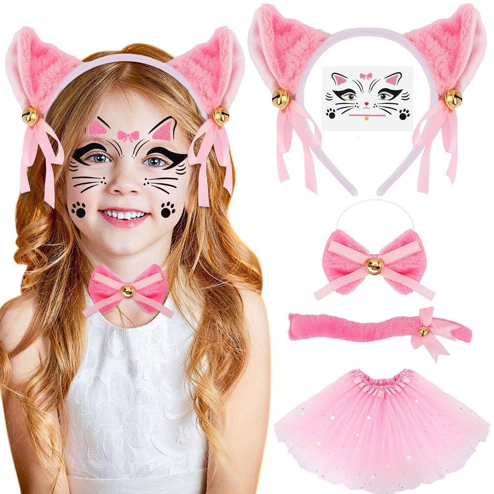8799 Pink Bell Cat Costume 5pc Set Plush Ear Headband Bow Tie